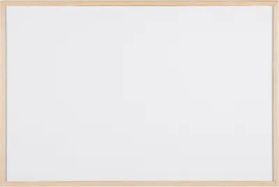 A plain white background with a wooden framed whiteboard.