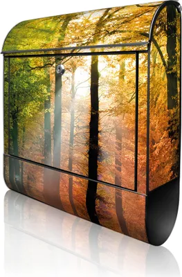 Produktbild von banjado Design Briefkasten Stahl schwarz mit Zeitungsfach pulverbeschichtet "Herbstwald" 38x46x12,5cm & 2 Schlüssel - Postkasten A4 Einwurf inkl. Montagematerial [BKSCH 10041]