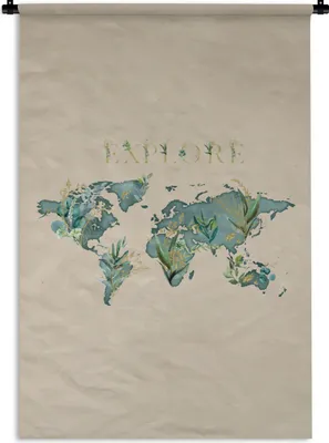 Produktbild von MuchoWow® Wandteppich Wandbehang Weltkarte - Türkis - Pflanzen 90x135 cm Tapisserie Dekoration Wandtuch - Baumwolle - Wandskulptur