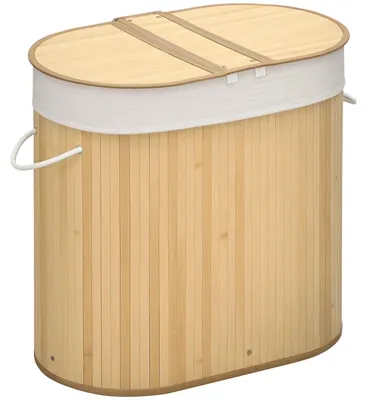 Produktbild von Wäschekorb aus Bambus - Wäschesammler 100L - 2 Fächer mit Deckel - Polyester-Innenbeutel - 62,5x37x60,5 cm - Naturholz