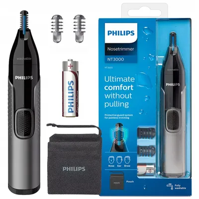 A product shot of a Philips nose trimmer and its packaging, along with accessories.