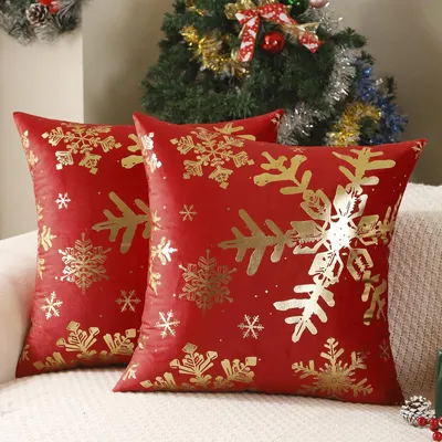 Dekokissenbezug 45x45 cm, Samt, rot-gold, Schneeflocke, 2 Stück