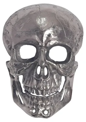 Wanddeko Totenkopf Aluminium Silber 41cm Schädel Modern Deko in Silber mit reliefierter Oberflächenstruktur, Frontalansicht.