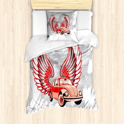 Produktbild von ABAKUHAUS Autos Mantele, Oldtimer mit Flügeln, Milbensicher Allergiker geeignet mit Kissenbezügen, 135 cm x 200 cm - 80 x 80 cm, rot Grau