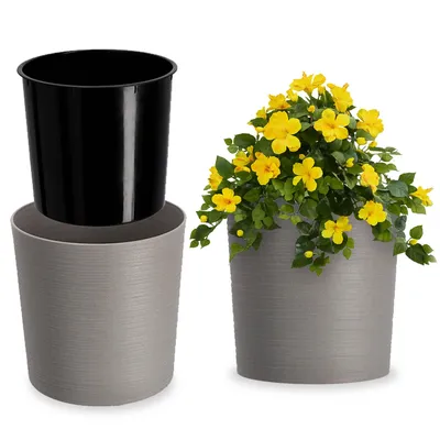 Produktbild von KADAX Blumentopf mit Holzspänen "Lecce", Blumentopfschutz, 19cm, Grau