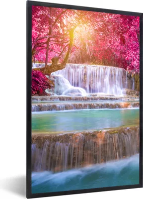Produktbild von MuchoWow® Gerahmtes Poster Wasserfall - Regenbogen - Bäume - Rosa - Natur 20x30 cm - Poster mit Schwarzem Bilderrahmen Wandposter Rahmen Foto Bilder - Drucken - Bilder Poster im Rahmen