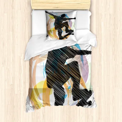 Produktbild von ABAKUHAUS Teen Zimmer Mantele, Skater Skizze-Kunst, Milbensicher Allergiker geeignet mit Kissenbezügen, 135 cm x 200 cm - 80 x 80 cm, Mehrfarbig