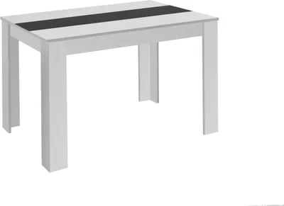 A white dining table with a black stripe on the tabletop, shown from a three-quarter angle against a white background.