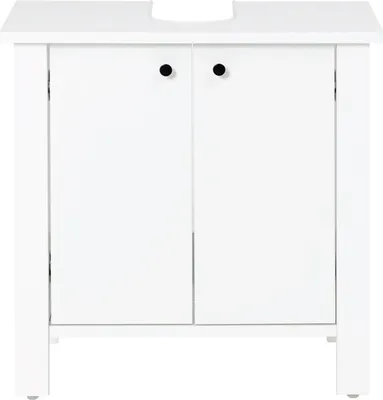 A white bathroom vanity cabinet with two doors and two black handles.