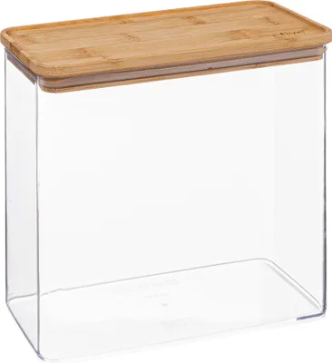 A clear rectangular storage container with a bamboo lid.