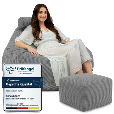 Immagine prodotto di Dreamroots Bean Bag, Puff 90x90x100 cm, pouf con imbottitura, pouf con poggiapiedi, pouf con copertura, sacchi per sedersi, Frost Grey