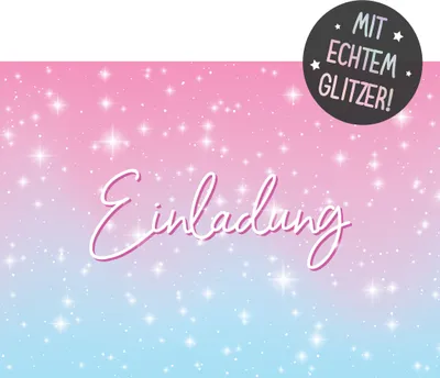 Produktbild von Friendly Fox Glitzer Sterne Einladung, 12x Glitzer Einladungskarten Kindergeburtstag Regenbogen Party, mit echtem Glitzerlack