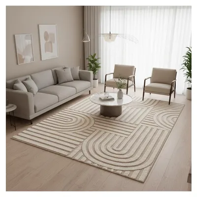 Produktbild von Moderner, geometrischer, beigefarbener Teppich, Digitaldruck, rutschfest, waschbar, 7 mm, für Wohn- oder Schlafzimmer 160 x 230 cm