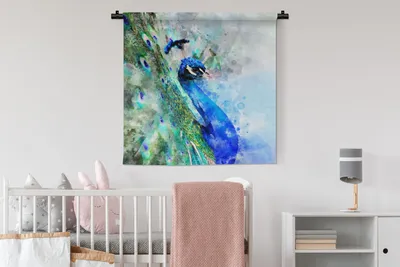 Produktbild von MuchoWow® Wandteppich Wandbehang Aquarell - Pfau - Blau 90x90 cm Tapisserie Dekoration Wandtuch - Wandaufhänger
