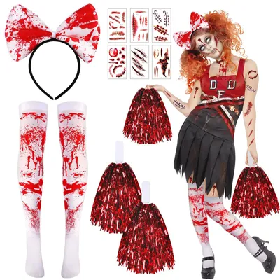 Immagine prodotto di Costume da cheerleader zombie per Halloween - Accessori per il costume - Tatuaggi temporanei - Fascia per capelli - Calze - Adatto per bambini/donne - Costume da festa