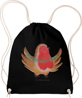 Produktbild von Mr. & Mrs. Panda Beutel Rotkehlchen Weihnachten - Schwarz - Geschenk, Frohe, gym rucksack, Xmas, Weihnachtsgruß, Jutebeutel, Sportbeutel, Winter, Baumwolltasche, wander