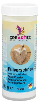 Produktbild von CREARTEC Pulverschnee in Weiß - 100g - Kunstschnee zum Dekorieren von Schneewelten und mehr - mit Streusieb