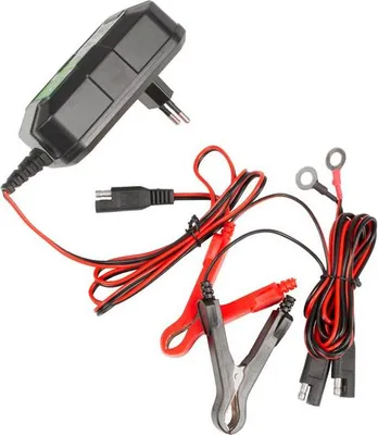 A battery charger with various cables and connectors is laid out on a white background.