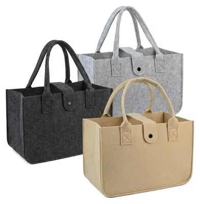 Immagine prodotto di Set di 3 borse in feltro, piccole, ideali per la spesa e il trasporto, pieghevoli, con manici rinforzati, dimensioni 30x20x18 cm, disponibili nei colori nero, grigio e kaki