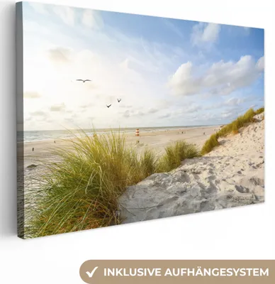 Produktbild von MuchoWow® - Leinwandbilder - Strand - Meer - Vögel, Wandbild, Wanddeko Bilder Wohnzimmer, 90x60 cm
