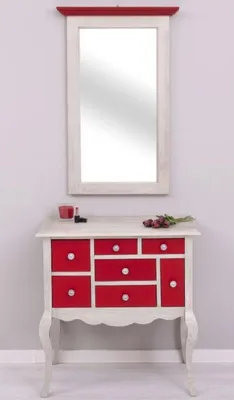 Produktbild von Casa Padrino Landhausstil Kommode mit Spiegel Hellgrau / Rot - Massivholz Schrank mit Wandspiegel - Landhausstil Garderoben Möbel