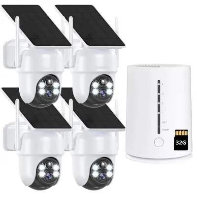 Produktbild von 4MP Überwachungskamera Aussen Solar Akku 4er Set mit HomeBase 360° Schwenk mit 2K Farb-Nachtsicht 365Tage mit 32GB Lokalspeicher Kabellos Kamera