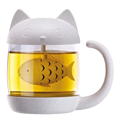 Produktbild von Katzenbecher mit integriertem Tee-Ei, großes Glas, mit Deckel