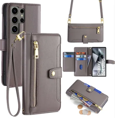 Produktbild von Handykette Samsung Hülle mit Band Handyhülle Kartenfächer Kunstleder Umhängetasche Galaxy S24 Ultra Grau