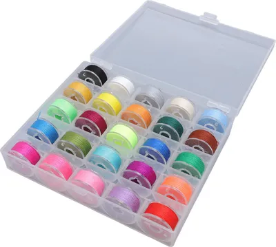 Productafbeelding van 25 stuks naaldhuls met spoelgaren, gesorteerd op kleur, met opbergkoker, accessoire voor naaimachine