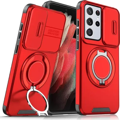 Obrázek produktu pro Dvouvrstvé pouzdro pro Samsung Galaxy S21 Ultra 5G, s posuvným krytem fotoaparátu a magnetickým kroužkovým stojánkem Červený