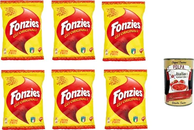Produktbild von Fonzies Original knusprige Mais-Snack mit Käse-Geschmack 6er Pack (6x100g Packung) + Italian Gourmet polpa 400g
