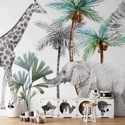 Produktbild von Vlies Fototapete - Jungle Animals Wallpaper for Children's Room in Cartoon Style 100x70 cm Für Kinder e-C-10090-a-a