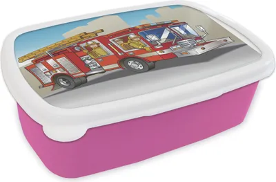 Produktbild von KitchenYeah® Lunchbox Brotzeit Brotdose 17x11 cm Kinderillustration von Feuerwehrleuten in einem Feuerwehrauto Kinder Brotzeitdose - Lunchpaket - Brotkasten  - Sandwich Box