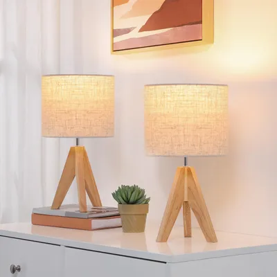 Image de EDISHINE, lot de 2 lampes de table en bois, lampe de chevet LED avec ampoule incluse, lampe de table vintage pour chambre à coucher, salon, cadeau