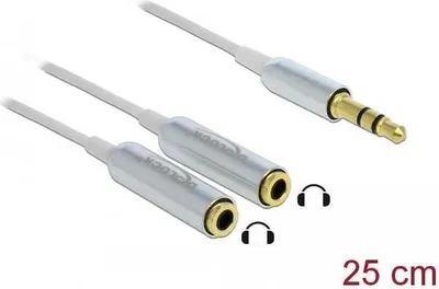 Produktbild von DeLOCK Kabel Audio Klinkenstecker 3,5 mm > 2 x Klinkenbuchse 25 cm, 3.5mm, Männlich, 2 x 3.5mm, Weiblich, 0,25 m, Silber, Weiß