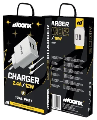 Zdjęcie produktu dla Moonx Ładowarka Sieciowa Mc02 2.4A 12W 2Xusb + Kabel Lightning Biały