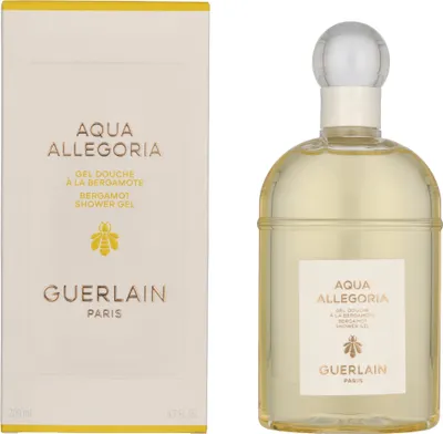 A product shot of a Guerlain Aqua Allegoria Bergamote Calabria shower gel and its packaging.