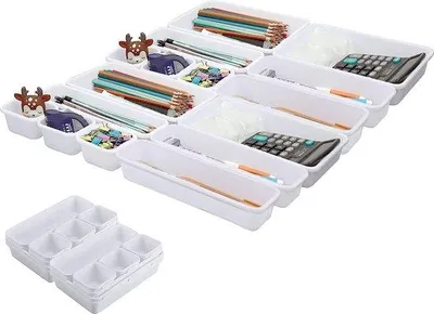 Image de Système de rangement pour cuisine, lot de 16 éléments pour l'organisation des tiroirs avec des bacs de rangement de différentes tailles, tiroir pour la cuisine, le salon, le bureau et la maison (blanc)