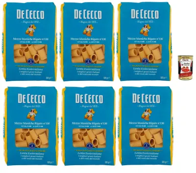 Produktbild von De Cecco Mezze Griff Rigate Nr. 136 - Pasta 6x500g | Langsam trocknend | Hochwertiges Hartweizengrieß | 13 min kochen (al dente 11) | Ideal Saucen & Gratins + Italian Gourmet Polpa 400g