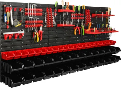 Image de Système de rangement Étagère d'atelier | 172 x 78 cm | 50 pièces Boîte | Étagère murale avec supports pour outils et bacs empilables - Panneaux muraux Étagère à bacs extra-robuste Panneau perforé pour outils Étagère de rangement Étagère de garage