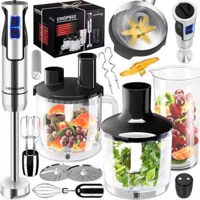 A collage of an immersion blender set with various attachments and ingredients.