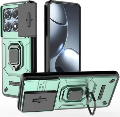 Obrázek produktu pro Pouzdro pro Xiaomi 14T Pro dvouvrstvé pouzdro s posuvnou ochranou kamery a držákem prstenu, stojánek Zelený