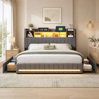 Produktbild von INONEFT Bett 140x190cm mit 4 Schubladen, Doppelbett Polsterbett mit LED, Kopfteil mit Stauraum und USB Type-C, Bettgestell mit Lattenrost, Leinen Grau