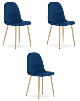 Image de Chaise - Leobert - Padva - Velours Bleu Marine/Pieds Chêne - 44,5 X 53 X 87 Cm - Lot De 3