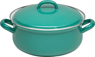 A teal pot with a lid and handles on a white background.