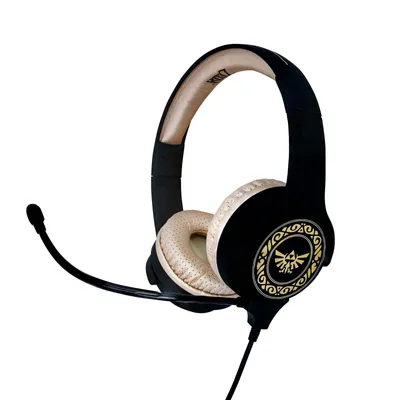 A pair of black headphones with gold accents and a microphone, set against a white background.