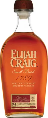 A bottle of Elijah Craig Small Batch Kentucky Straight Bourbon Whiskey.