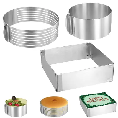 Tortenring-Set 3-tlg. verstellbar Edelstahl, rund 16–30 cm, eckig 15–27 cm