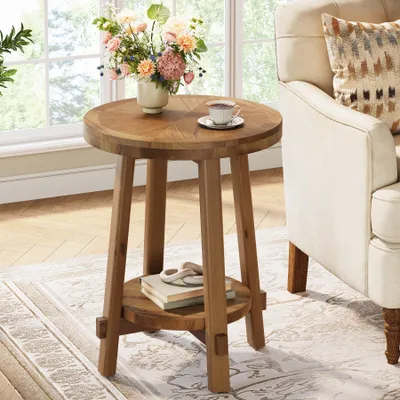 Produktbild von Beistelltisch, Couchtisch aus Massivholz, kleiner runder Nachttisch mit 2 Ablageflächen, Sofatisch im Landhausstil aus Holz für Räume, Schlafzimmer