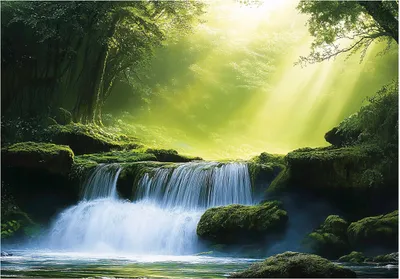 Produktbild von Fototapete 3D Effekt Wasserfall Wald - 350x250 cm - inklusive kleister - Vlies Tapete - Vliestapete Wohnzimmer Schlafzimmer Küche Modern Wandtapete